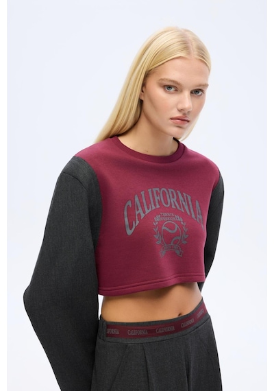 Quzu 00752 Kadın Önü Baskılı Vatkalı Sweatshirt Bordo