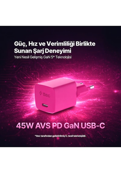Ttec Smartcharger Gan 45W Avs PD Seyahat Hızlı Şarj Aleti + USB-C - USB-C 3A 120 CM Kablo Neon Pembe