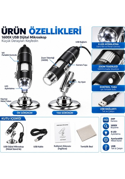 Luve Store 1600x Usb Dijital Mikroskop 2mp Kamera 8 Led Işıklı Metal Standlı