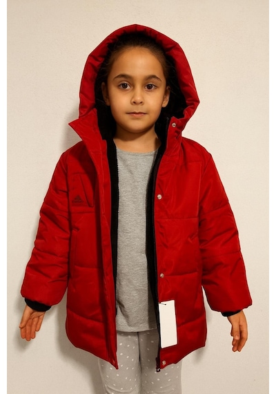 Cg Kids Kırmızı Yandan Cepli Fermuar Çıtçıt İçi Kürklü Şapkalı Unisex Mont Kırmızı