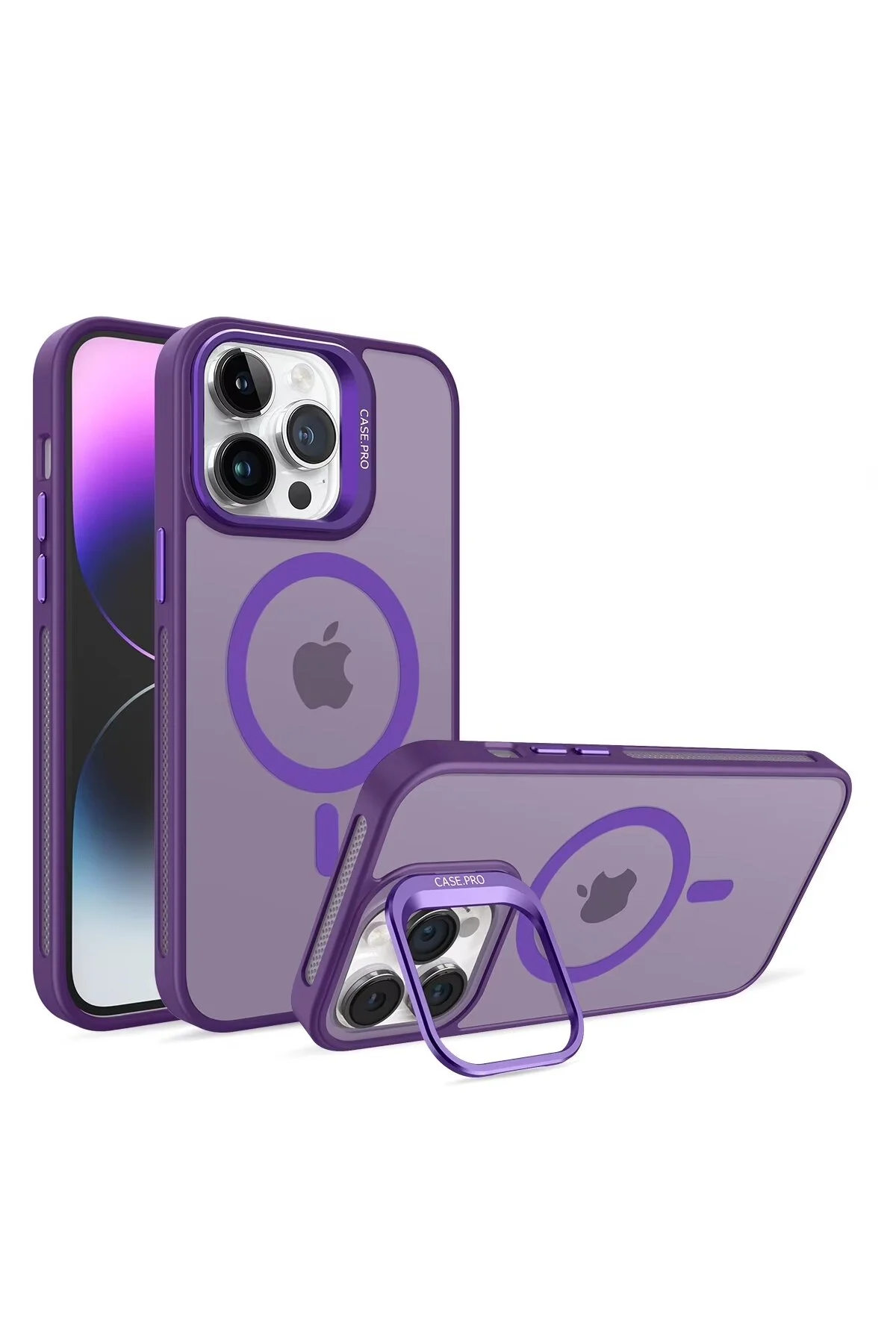 İphone 14 Pro Max Uyumlu Magsafe Kılıf Mıknatıslı Standlı Darbeye Dayanıklı Mat Şeffaf Arka Kapak Lens li mor