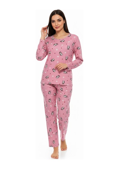 Bisiklet Yaka Süet Pijama Takımı 6008 Penguen Pembe Turuncu
