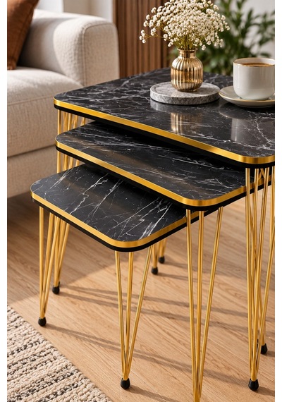 Sulorahome Siyah Mermer Desenli Gold Bendir Tel Zigon Sehpa Seti