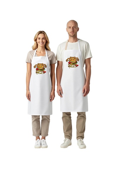 Unisex Mutfak Önlüğü Şeytani Burger Canavarı Baskılı Dtf Dijital Beyaz