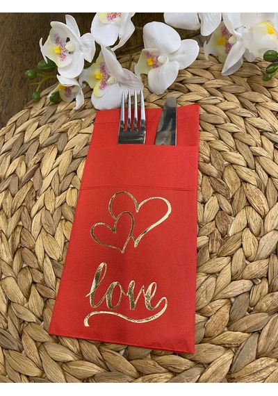 Gold Kırmızı Cepli Aır Touch Kalpli Love Yazılı Peçete 12 Adet 40 x 40 CM