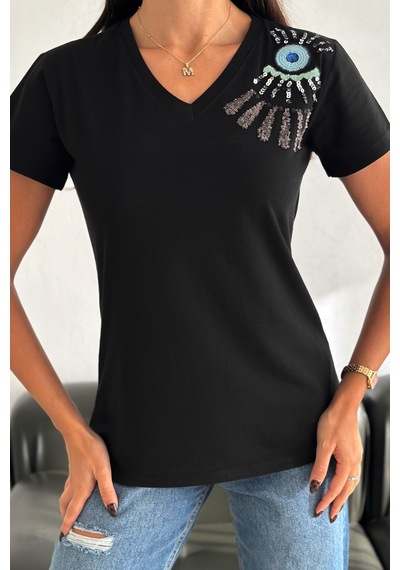 Femelle Kadın Siyah V Yaka Omzu Nakış Ve Pul Payet İşlemeli %100 Pamuk T-shirt