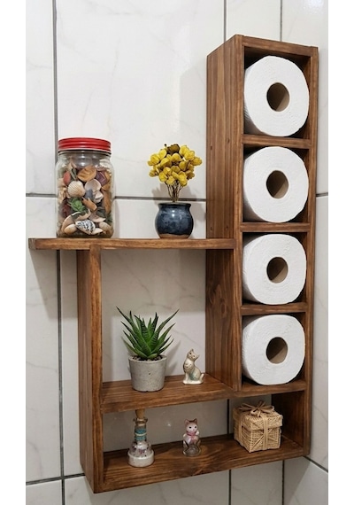 100x60 Cm Dev Boy Masif Ham Ahşap Banyo Rafı - 6 Geniş Bölmeli Tuvalet Kağıtlığı Ve Düzenleyici Kahverengi