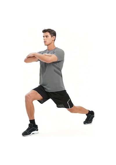 Genius Store Erkek Spor Tişört Antreman Gym Polyester Erkek Sporcu T-shirt Şeritli-tişört Gri