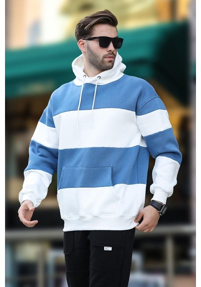 Madmext Ekru Kapüşonlu Renk Bloklu Cep Detaylı Erkek Sweatshirt 7044 Ekru