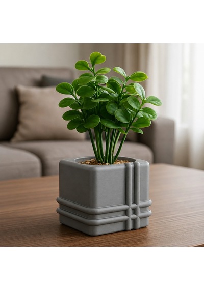 3d Baskı Square Planter - Izgara Desenli Küp Saksı-gri