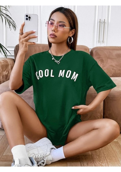 Cool Mom T-shirt - Yeşil Baskılı Oversize Bisiklet Yaka Kısa Kol Tişört Yeşil