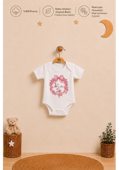 Pia Baby İsme Özel Kız Bebek Kısa Kollu Body Zıbın %100 Pamuk Alttan Çıtçıtlı Organik Baskılı Bebek Body 1030bayx Ekru