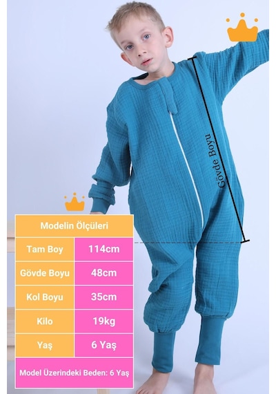 Babyhola Çocuk Mevsimlik Uyku Tulumu 2-8 Yaş 1 Tog 4 Kat Müslin Uzun Kollu Uyku Tulumu Turkuaz