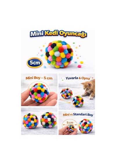 Mini Ponpon Kedi Oyuncak Topu 5 Cm 2 Adet Yumuşak Renkli Sessiz Kedi Oyun Topu