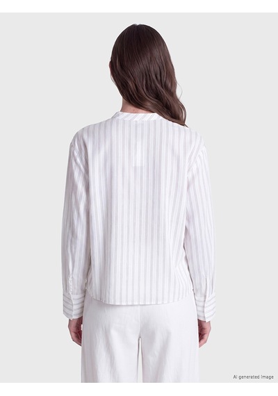 Lcw Modest Ekru Hakim Yaka Çizgili Keten Görünümlü Kadın Gömlek