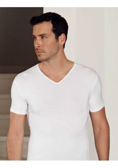 Hmd 712 Derin V Yaka Kısa Kollu Likralı T-shirt - Beyaz Beyaz