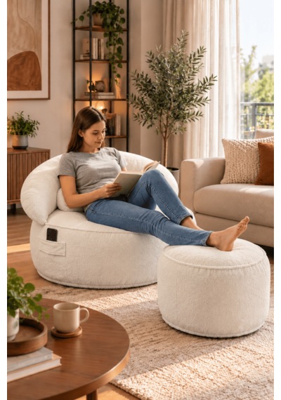 Reyo Pufymax Cozy Legom Çok Amaçlı Yuvarlak Koltuk, Rahat Berjer Ve Uzanma Koltuğu, Puf Beyaz
