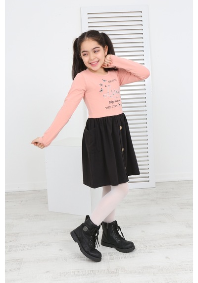 Toontoy Kız Çocuk Beauty Love Baskılı Elbise Pudra