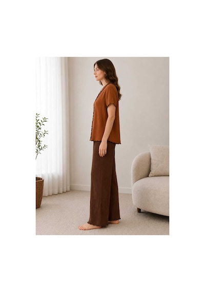 Pijamask Kadın Kısa Kollu Pamuklu Pijama Takım Kahverengi