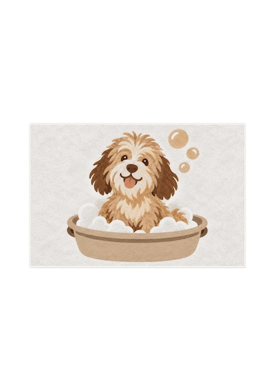 Kartela Halı Köpek Desenli Banyo Paspası Açık Gri Kaymaz Taban Makinede Yıkanabilir 40x60 Cm