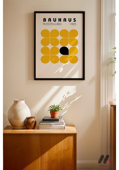 Bauhaus Sarı Kare Deseni, Siyah Çerçeveli Duvar Tablosu - Modern Ev Dekorasyonu