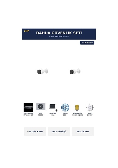 2 Kameralı 2mp Güvenlik Kamera Seti Sesli Gece Görüşlü Bullet Dış Mekan 500gb 23 Gün Kayıt
