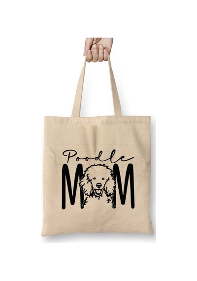 Toyaso Poodle Mom Beyaz Bez Çanta Uzun Saplı Alışveriş Çantası Plaj Çantası Beyaz
