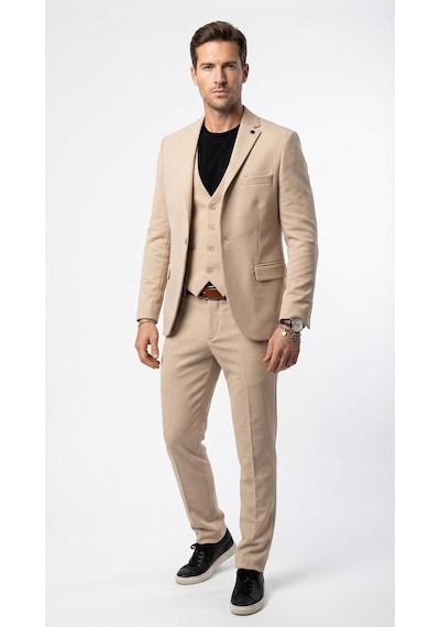Erkek Klasik Slim Fit Armürlü Kumaş Tek Düğmeli Çift Yırtmaçlı Klasik Yaka Takım Elbise 7 Drop Bej