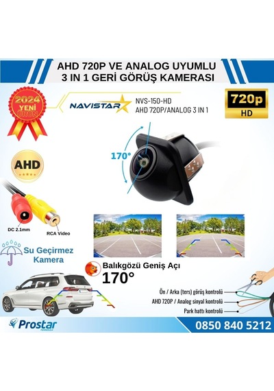 Ahd 720p Ve Analog Pal Çevrilebilir 170 Derece Balıkgözü Geniş Açılı Geri Görüş Kamerası