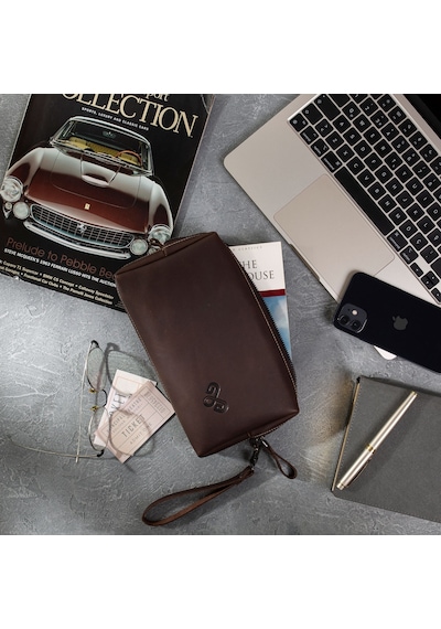 Elitaş Deri Hakiki Deri El Çantası Clutch Çanta Portföy Çanta Organizer Clutch Kahverengi Acı Kahverengi