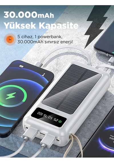 Acl Pw-61 30.000mah Güneş Enerjili Powerbank Beyaz 5 Cihaz Aynı Anda Şarj Usb-c & Lightning & Mi BEYAZ