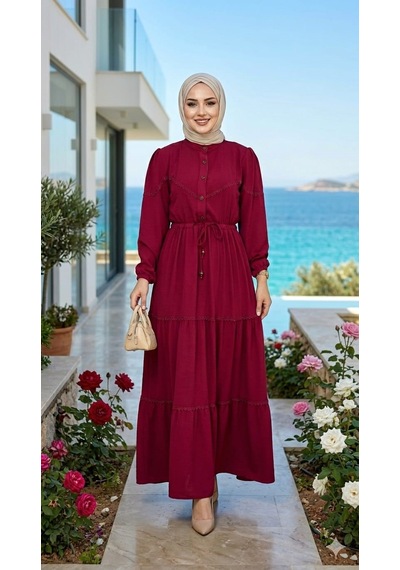 Hb Harma Time Butik Kadın Dantel Detaylı Beli Bağcıklı Ayrobin Bordo Elbise