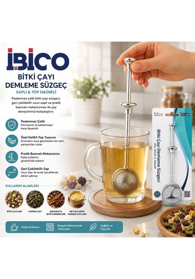 İbico İ22-431 Bitki Çay Demleme Süzgeç Çap : 5cm Saplı Top Hazneli Paslanmaz Çelik - 12'li Paket Diğer