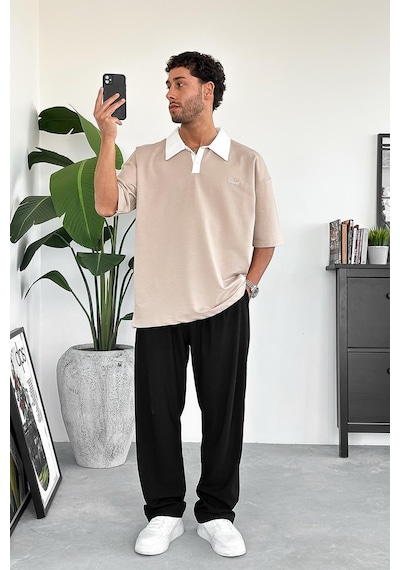 Krem Bound Polo Yaka Outplenty Premium Oversize Tişört Krem
