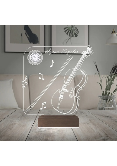 Luvivia Keman Müzik Nota Müzisyen Hediye Kişiye Özel Metal Saatli 3d Lamba - Masa Gece Lambası