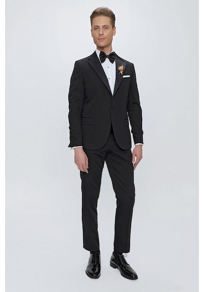 Efor Black 061 Slim Fit Çıkarılabilir Saten Yaka Siyah Damatlık Smokin Takım Siyah