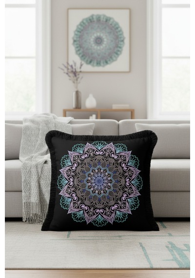 Mandala Motifli Saçaklı Yastık Kılıfı - Bohem Siyah Mor Püsküllü Kırlent Kılıfı Orman Koyu Kahve