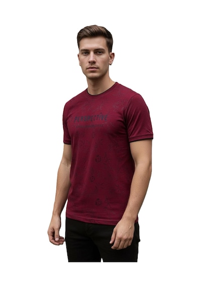 Lacaton 26-7004 Erkek Bisiklet Yaka Baskılı T-shirt Bordo Bordo