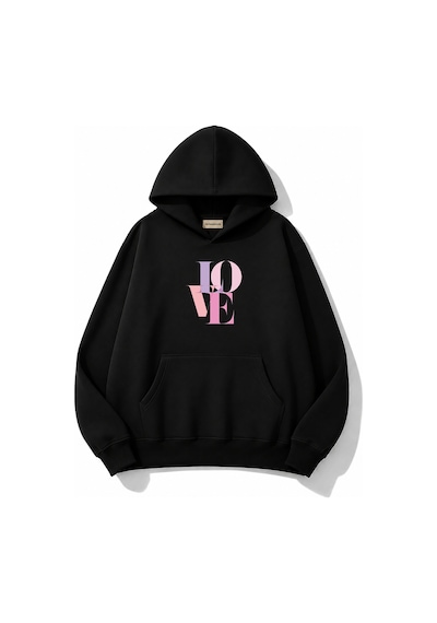 Herkesemoda Love Baskılı Kapüşonlu 2 İplik Şardonlu Sweatshirt Siyah