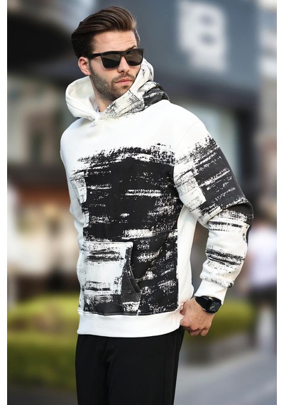 Madmext Ekru Kapüşonlu Desenli Cep Detaylı Erkek Sweatshirt 7059 Ekru