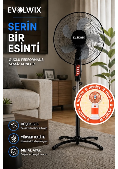 Evolwix 16'' İnç Siyah Ayaklı Vantilatör