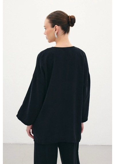 Sateen Düğmeli Kimono - Siyah Siyah