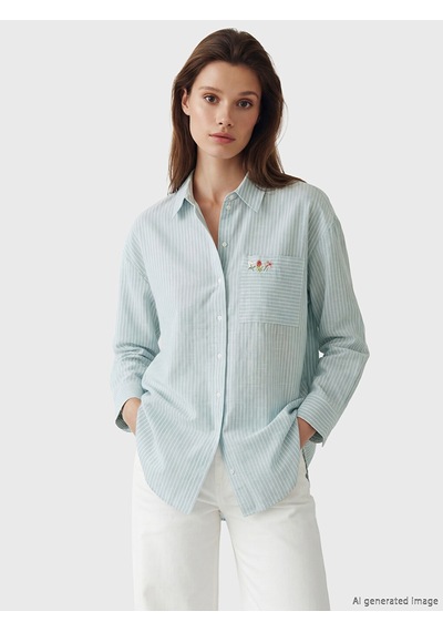 Lcw Modest Yeşil Çizgili Oversize Poplin Kadın Gömlek Tunik