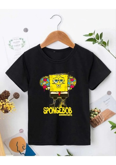 Barlashive Bisiklet Yaka Kısa Kol Çocuk Baskılı T-shirt - Siyah Çok Renkli