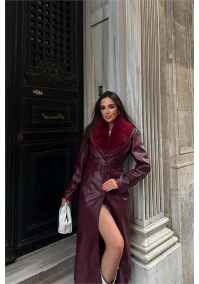 Neşeli Butik Kadın Yaka Çıkarılabilir Kürk Detaylı Düğmeli Deri Trençkot Nbstr1001 Bordo