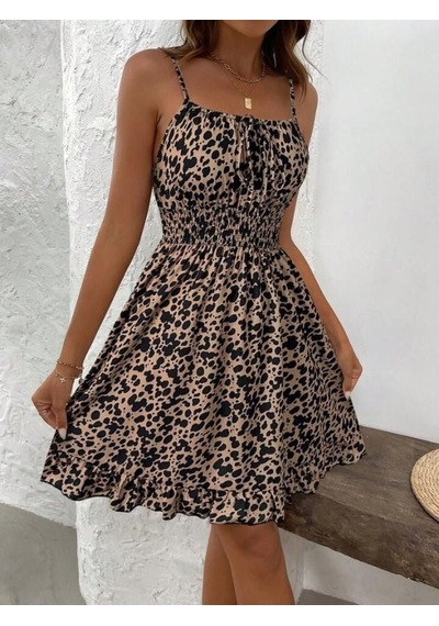 Efnaz Style Kadın Ip Askılı Yakadan Büzgülü Beli Lastikli Kısa Süprem Elbise Leopar