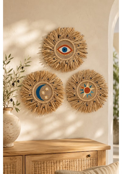Momiko The Celestial Trilogy , Sun Moon Eye , Gökyüzü 3'lü El Yapımı Hasır Duvar Dekoru 35 Cm -
