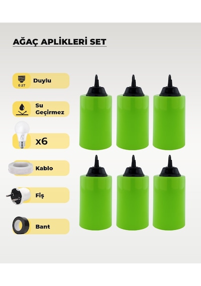 Hazır Set Yeşil Silindir Ağaç Feneri - 6 Adet Sarı Işık Ampul, Kablo, Fiş Ve Bant Dahil