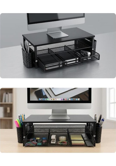 Temel Siyah Ahşap Üst Tablalı Metal Mesh Monitör Yükseltici Stand Çekmeceli Kalemlikli Masaüstü Organizer 9214