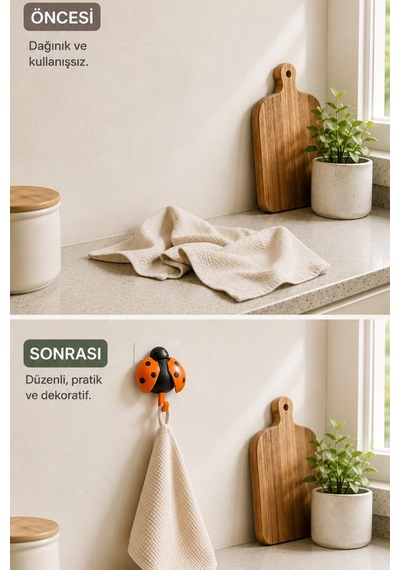 Uğur Böceği Tasarımlı Yapışkanlı Duvar Askısı Çanta Havlu Anahtar Askılık 15x14 Cm Diğer